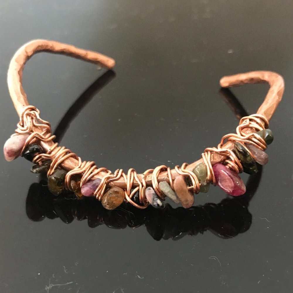 Pink Black Green Tourmaline Copper Cuff Bracelet